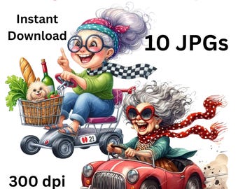 Funny Grandma Driving Clipart Bundle, Crazy Granny PNG, Sassy Old Lady Clipart for Cricut, Sublimation Design, Funny Grandma PNG