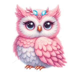 May include: A pink owl with glitter on its feathers, wearing a crown with blue gems. The owl has large, blue eyes and a white face.