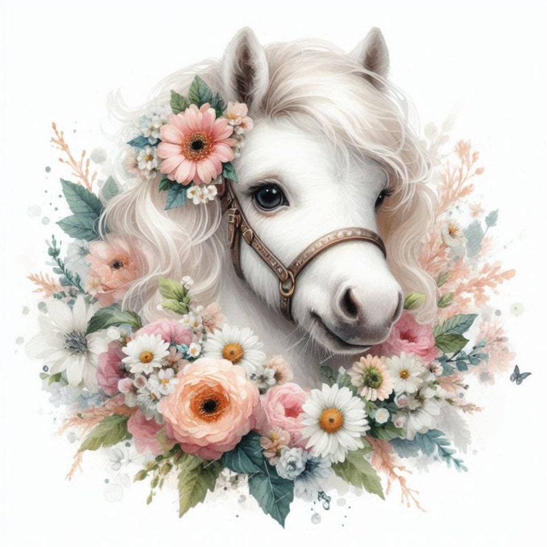 May include: A white pony with a brown leather halter and a floral crown made of pink, white, and green flowers. The pony has a white mane and tail and is looking to the right.