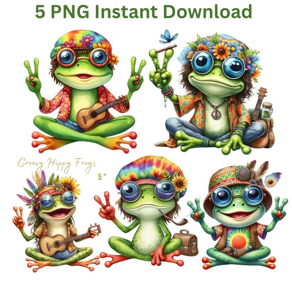 ヒッピーフロッグのクリップアートバンドル、気まぐれで面白いカエルの