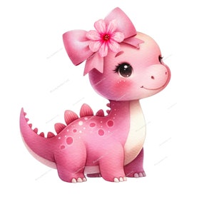 May include: A pink dinosaur with a pink bow and a pink flower on its head. The dinosaur is smiling and has big eyes.