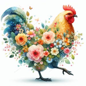 Floral Huhn Clipart, Cottagecore Huhn, Hahn Clipart, druckbare Aquarell, hochwertige JPGs, Papiermodelle, Junk Journal, Kartenherstellung