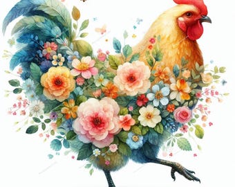 Floral Chicken Clipart, Cottagecore Chicken, Rooster Clipart,Printable Watercolor, High-Quality JPGs, Paper Craft, Junk Journal, Card Making