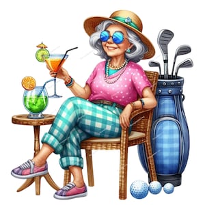 Senior Lady Golfer con Cocktail 10 PNG Clipart Elegante donna con mazze da golf e cocktail Illustrazione perfetta per un divertente arredamento da golf, Golf png