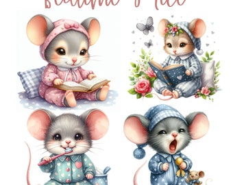 PNG, Watercolor cute mouse Clipart, cute mouse Clipart, mouse Sublimation, Watercolor bedtime mouse  clipart, clipart pack, nursery art