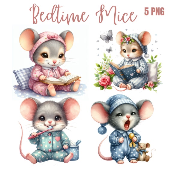 PNG, Watercolor cute mouse Clipart, cute mouse Clipart, mouse Sublimation, Watercolor bedtime mouse  clipart, clipart pack, nursery art