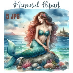 Clipart sirène aquarelle, sirène assise sur une pierre, clipart aquarelle imprimable, fichiers JPG de haute qualité, téléchargement numérique, créations en papier
