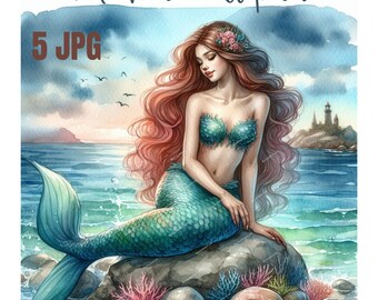 Watercolor Mermaid Clipart, Mermaid Sitting On A Stone, Printable Watercolor clipart, High Quality JPGs, Digital download, Paper craft