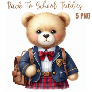 Back to School Teddy Bear, PNG, watercolor, cute student clipart, kids illustrations, School stationery png, School Supplies Clip art