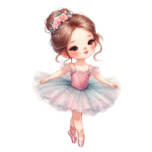 Op de afbeelding: Waterverfillustratie van een jonge ballerina. Ze draagt een roze en blauwe tutu met een sprankelend lijfje en bijpassende spitsschoenen. Haar haar is opgestoken in een knot versierd met bloemen.