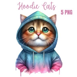 Imágenes prediseñadas de gatito con capucha, gatito lindo, imágenes prediseñadas de acuarela imprimibles, PNG de alta calidad, descarga digital, manualidades de papel, diarios basura