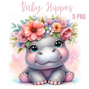 Hippo, Girl Hippo with Flowers Picture Image, hippo clipart, hippo png, hippo art, hippo Watercolor, safari clipart, nursery clipart