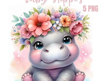 Hippo, Girl Hippo with Flowers Picture Image, hippo clipart, hippo png, hippo art, hippo Watercolor, safari clipart, nursery clipart