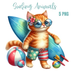 Clipart di simpatici animali che fanno surf, PNG di spiaggia, vibranti atmosfere da spiaggia, decorazioni tropicali rilassanti, design estivo a sublimazione