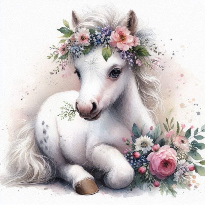 May include: A white pony with black spots wearing a flower crown with pink, white, and purple flowers. The pony is lying down with its head turned to the side and is holding a green stem in its mouth. The pony is surrounded by a bouquet of pink, white, and green flowers.