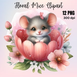 12 PNG, lot de cliparts souris florale, clipart souris mignonne, sublimation de souris, clipart souris aquarelle, souris mignonnes, lot de cliparts souris adorable
