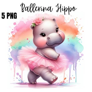 Clipart hippopotame, clipart ballerine danse, hippopotame PNG, décoration de chambre d'enfant, baby shower