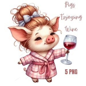 Cerditos bebiendo vino, moño despeinado, PNG de alta calidad, planificador digital, acuarela, creación de tarjetas, diario, descarga digital