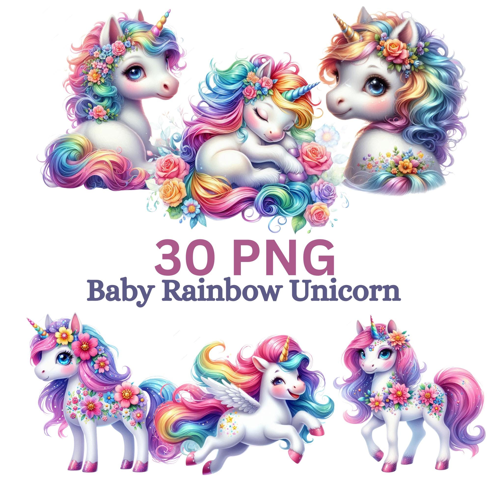30 Baby Unicorn Clipart Bundle PNG, Cute Rainbow Unicorn Graphics ...