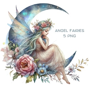 Clipart ange fée lune, clipart Halo, clipart ciel, ange pastel PNG, ailes d'ange, Portrait d'ange Boho, sublimation, planificateur d'autocollants