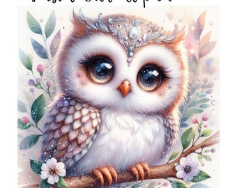 May include: A white owl with large blue eyes and a sparkly crown sits on a branch with pink flowers and green leaves. The owl has brown feathers and a pink beak.