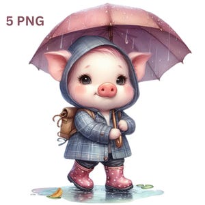 Lindo cerdito con impermeable y botas, clipart, cerdo con paraguas, PNGs de calidad, arte infantil, planificador digital, acuarela, creación de tarjetas, diario,