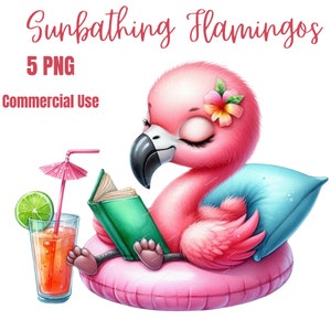 Clipart de flamingo fofo de praia, pássaro excêntrico PNG, arte vibrante de praia para férias, decoração relaxante de pássaro tropical, design de sublimação de verão
