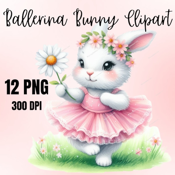 Watercolor Ballerina Bunny Clipart, 12 PNG Floral Bunny Clipart, Ballet Bunnies In Tutu Dress, Baby Rabbit PNG, Nursery PNG, Commercial Use