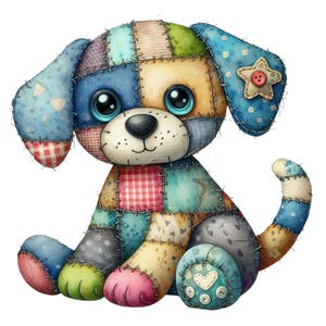 May include: A colorful patchwork puppy plush toy with large blue eyes, a black nose, and a stitched-on star. The puppy is made of various fabric patches in shades of blue, green, yellow, and pink, with visible stitching.