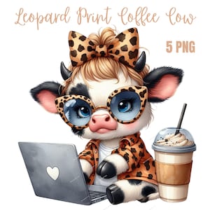 かわいいヒョウ柄のコーヒー牛、牛のpng高品質PNG、秋のクリップアート、デジタルプランナー、水彩画、カード作成、ジャーナリング、デジタルダウンロード