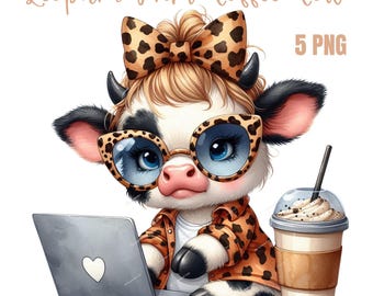 Cute Leopard Print Coffee Cow Clipart | Watercolor Cow PNGs | Fall Clipart for Digital Planners, Card Making, Journals | High-Quality Digita