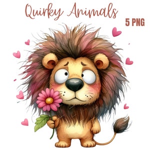 Imágenes prediseñadas de animales peculiares en acuarela, imágenes prediseñadas PNG de animales divertidos, animales locos con flores, paquete de animales divertidos, uso comercial