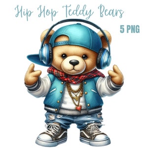 Clipart hip hop ours en peluche, PNG de haute qualité, art png cool, agenda numérique, aquarelle, fabrication de cartes, tenue d'un journal, téléchargement numérique