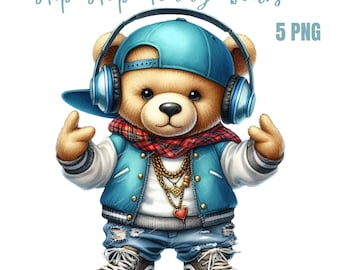 Clipart di orsetti di peluche hip hop, PNG di alta qualità, fantastiche illustrazioni PNG, agenda digitale, acquerello, creazione di biglietti, journaling, download digitale