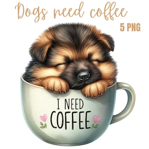 Clipart di simpatici animali stanchi che amano il caffè, i cani hanno bisogno di caffè, PNG carino, uso commerciale