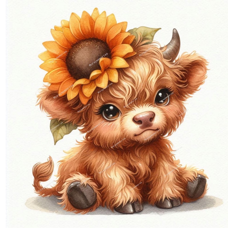 14 Highland Cow With Sunflowers Clipart Bundle –baby Highland Cow ...