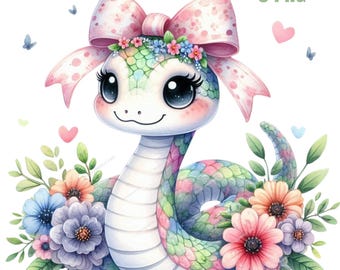 May include: A cute cartoon snake with a pink bow and a flower crown. The snake is surrounded by colourful flowers and green leaves. The image is perfect for a children's book or a nursery decoration.