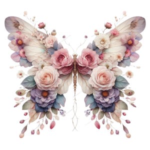 May include: A floral butterfly design with delicate wings and body. The wings are adorned with a variety of flowers in shades of pink, purple, and cream, with subtle green and blue accents. The butterfly's body is a golden color.