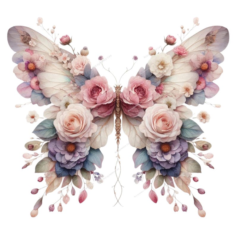 May include: A floral butterfly design with delicate wings and body. The wings are adorned with a variety of flowers in shades of pink, purple, and cream, with subtle green and blue accents. The butterfly's body is a golden color.