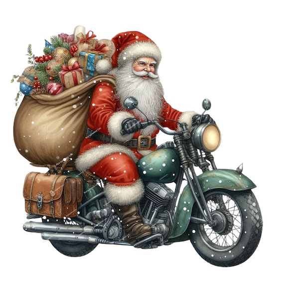 バイクに乗ったサンタのクリップアート、高品質PNG、バイカーサンタ
