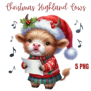 Clipart di mucche delle Highland natalizie, PNG di alta qualità, libro dei ricordi, diari di scarto, album di ritagli, planner digitali, uso commerciale, sublimazione