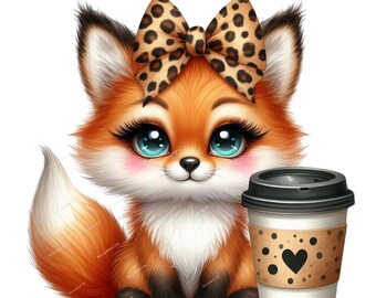 Imágenes prediseñadas de zorros, imágenes prediseñadas de lazos con estampado de leopardo, PNG de zorro lindo, camiseta escolar para niños y maestros, taza/vaso de sublimación, agenda, diario creativo, creación de tarjetas