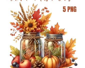 Autumn Mason Jar Clipart, High Quality PNGs, Fall png  Art, Digital Planner, Watercolor, Card Making, Journaling, Digital Download