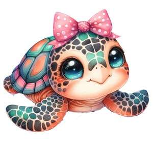 May include: A cute cartoon turtle with large blue eyes and a pink bow. The turtle has a green, black, and orange shell with a pink and orange underside.