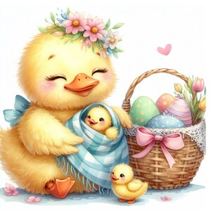 May include: A charming watercolour illustration featuring a mother duck and her ducklings. The mother duck, adorned with a floral crown and blue bow, cradles a duckling in a blue blanket. A basket of decorated Easter eggs sits nearby, evoking a springtime theme.