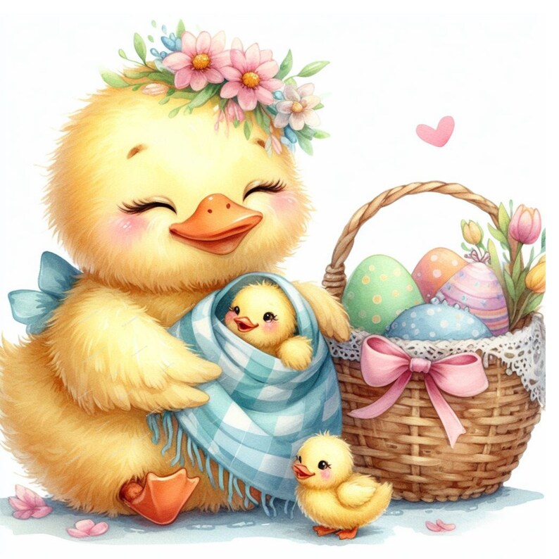 May include: A charming watercolour illustration featuring a mother duck and her ducklings. The mother duck, adorned with a floral crown and blue bow, cradles a duckling in a blue blanket. A basket of decorated Easter eggs sits nearby, evoking a springtime theme.