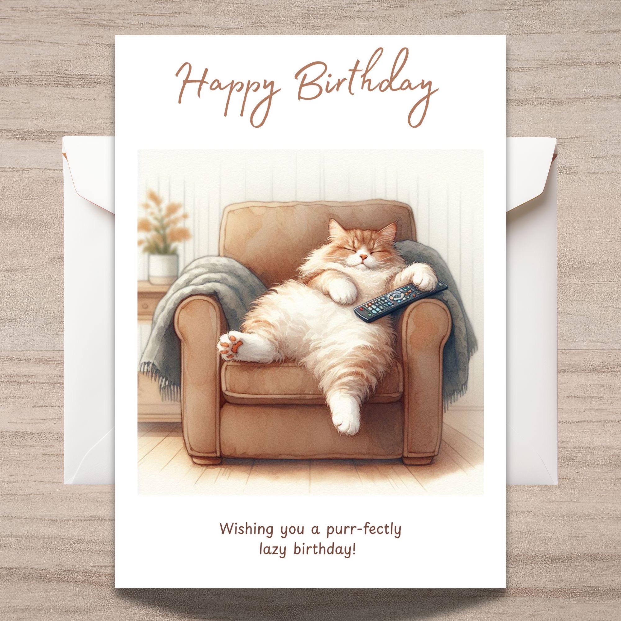 Funny Cat Birthday Card Printable | Cute Watercolor Cat Sleeping With ...