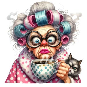Caffeine Queens – Funny Senior Lady Coffee PNG Clipart Pack, Funny Coffee Drinking Grandma, Coffee Clipart, Quirky Granny, Grumpy Granny