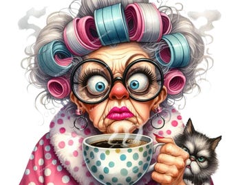 Caffeine Queens – Funny Senior Lady Coffee PNG Clipart Pack, Funny Coffee Drinking Grandma, Coffee Clipart, Quirky Granny, Grumpy Granny