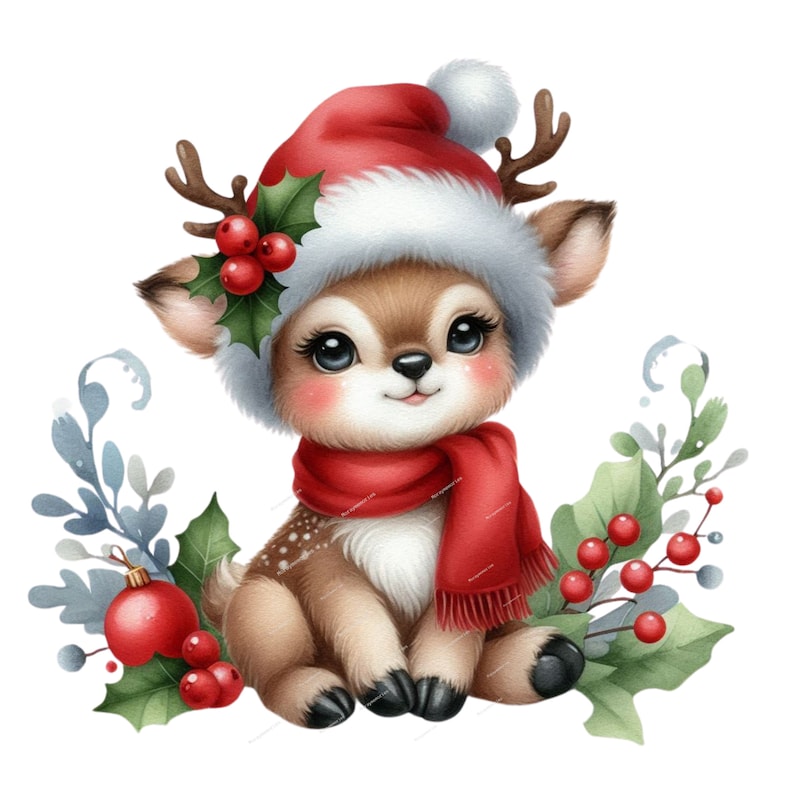 May include: A cute cartoon deer wearing a red Santa hat with white trim and a red scarf. The deer has brown fur with white spots and large brown eyes. The deer is sitting on a white background with green holly leaves and red berries.